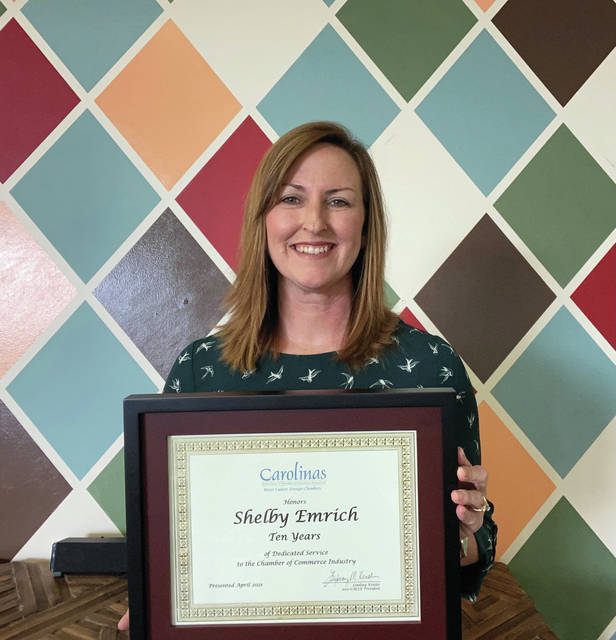 
			
				                                Shelby Emrich, President and CEO of the Anson County Chamber of Commerce, receives the 2021 Service Award from the Carolinas Association of Chamber of Commerce Executives for her commitment and 10 years with the Chamber.
                                 Contributed Photo

			
		