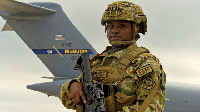 127722875_web1_Jamonica
U.S. Air Force photo by Staff Sergeant Sabatino DiMascio
U.S. Air Force Senior Airman Jamonica Smith, 87th Security Forces Squadron, Raven Instructor, poses next to a C-17 Globemaster III at Joint Base McGuire-Dix-Lakehurst, New Jersey on July 13, 2021. Smith emerged as the top nominee for Air Mobility Command and was awarded the national Outstanding Airman of the Year award.