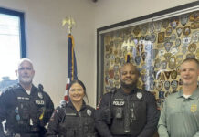 
			
				                                Pictured left to right; Sgt. Neely, Officer Goins, Officer Nivens, and Chief Brandon Chewning
 
			
		