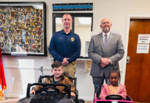 
			
				                                Chief Chewning (left) celebrates his last day serving the Wadesboro Police Department with Major Steven Kelly (right). Kelly left WPD January 12. Cars were given away to Leeland Gathings (left) and Lola Birth (right)
 
			
		