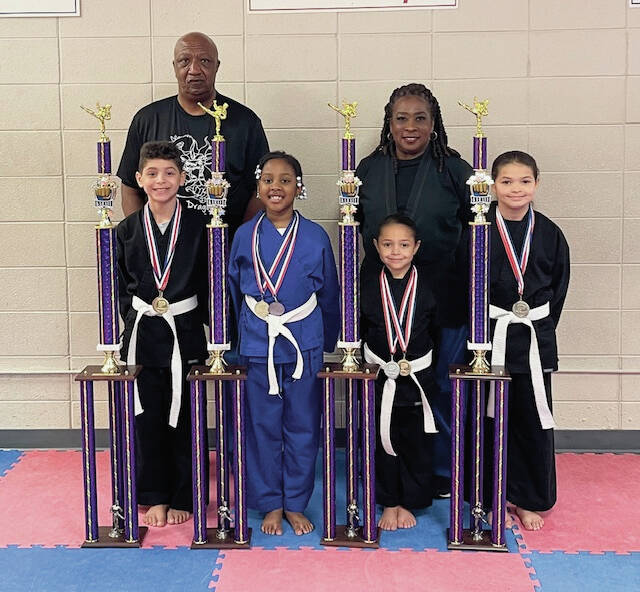 131456179_web1_Ebony_Dragons_cmyk
Five students from the Ebony Dragons Martial Arts Academy competition team traveled to Florence, SC, Saturday, April 5 to compete in the PRO AM Karate Tournament. Picture left to right; Jase Roscoe, Jordyn Hough, Emma Roscoe. The back row; Master Ronnie Covington and Sensei Denise Watkins. Not pictured is Sensei Lorenzo Hubbard.